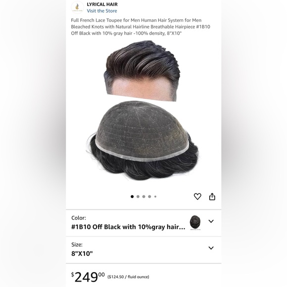 HUMAN HAIR Men’s Hairpiece Breathable Off Black 10% gray hair 100% density - Picture 1 of 12
